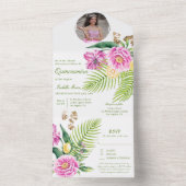 Invitation Tout En Un Aquarelle Floral Peonies roses Photo Quinceañera (À l'intérieur)