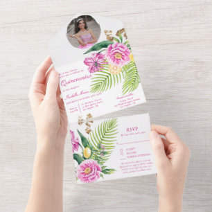 Invitation Tout En Un Aquarelle Floral Peonies roses Photo Quinceañera