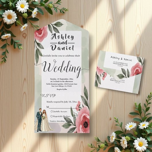 Invitation Tout En Un Aquarelle Floral Romantique Couple Mariage été