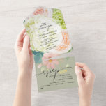 Invitation Tout En Un Aquarelle Floral Sage Mariage vert<br><div class="desc">Elégante aquarelle blanche et verte hydrangées, roses rose et crème, marguerites et verdure sont présentés sur ces invitations intérieures sauge tricplé mariage qui présentent vos détails en lettres chic dans des sections et une carte RSVP détachable pour les invités à compléter et revenir. **RAPPELEZ-VOUS d'apposer un cachet de carte postale...</div>