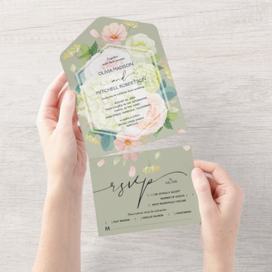 Invitation Tout En Un Aquarelle Floral Sage Mariage vert (Déchirure)