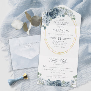 Invitation Tout En Un Aquarelle florale bleu poussiéreux Mariage élégant