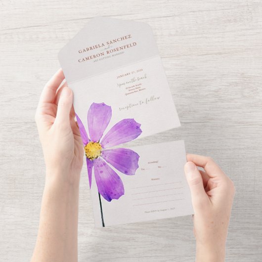 Invitation Tout En Un Aquarelle Florale Cosmos Mariage en terre cuite (Déchirure)