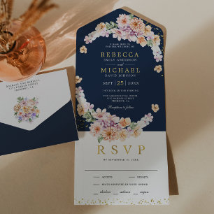 Invitation Tout En Un Aquarelle florale de printemps or bleu marine mari