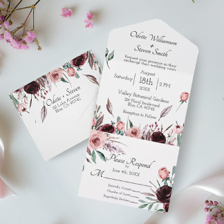 Invitation Tout En Un Aquarelle florale mariage rose et bordeaux