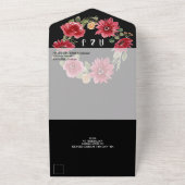 Invitation Tout En Un Aquarelle Flore rouge sur Mariage noir (Dehors)