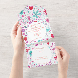Invitation Tout En Un Aquarelle Flower Meadow Turquoise