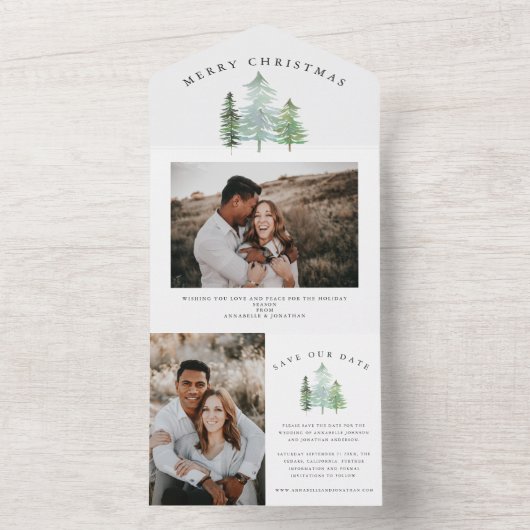 Invitation Tout En Un aquarelle forêt noël photo enregistrer la date (À l'intérieur)