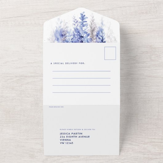 Invitation Tout En Un Aquarelle hiver bleu soirée réception mariage (Dehors)