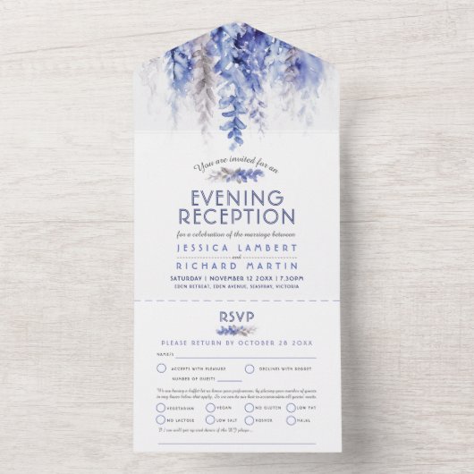 Invitation Tout En Un Aquarelle hiver bleu soirée réception mariage (À l'intérieur)