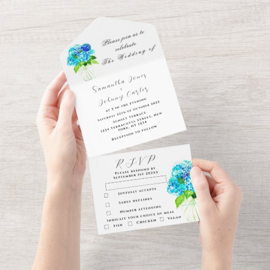 Invitation Tout En Un Aquarelle Hydrangea Blue Floral Mariage (Déchirure)