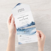 Invitation Tout En Un Aquarelle Indigo Mariage paysage de forêt d'hiver (Déchirure)