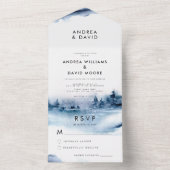 Invitation Tout En Un Aquarelle Indigo Mariage paysage de forêt d'hiver (À l'intérieur)
