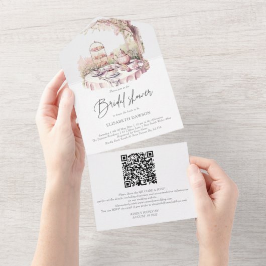 Invitation Tout En Un Aquarelle Jardin Fête des mariées QR Code Rsvp (Déchirure)