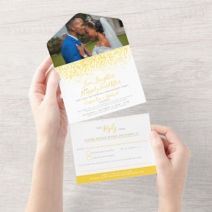 Invitation Tout En Un Aquarelle jaune arrosant une fête de mariage tardi
