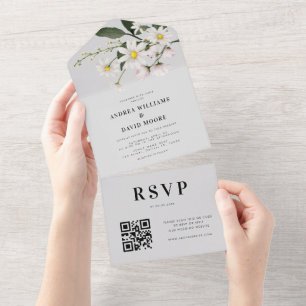 Invitation Tout En Un Aquarelle marguerite florale Delicate QR Code Mari