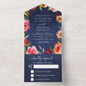 Invitation Tout En Un Aquarelle mariage bleu floral élégant (À l'intérieur)