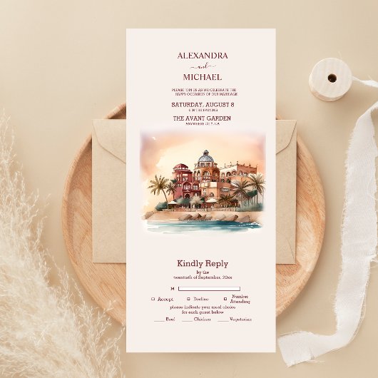Invitation Tout En Un Aquarelle mariage de destination à Cancun Mexique
