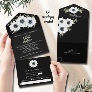 Invitation Tout En Un Aquarelle Mariage floral noir et blanc