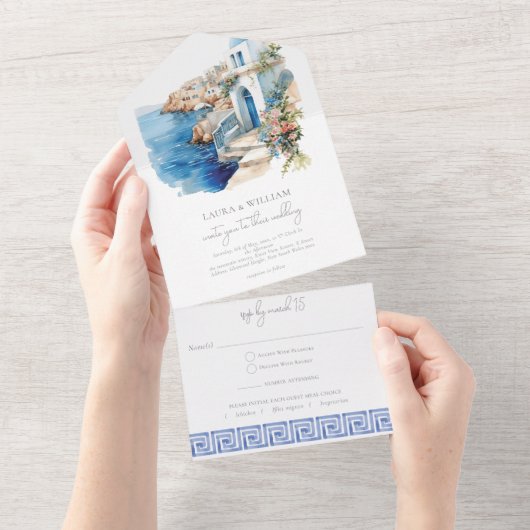 Invitation Tout En Un Aquarelle Mariage Santorin Grèce avec Rsvp (Déchirure)