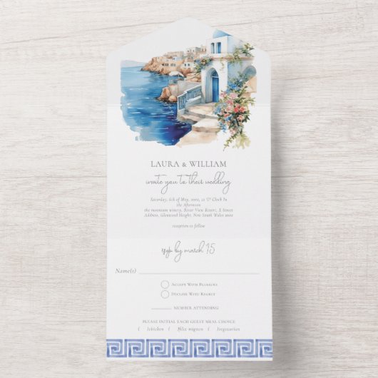 Invitation Tout En Un Aquarelle Mariage Santorin Grèce avec Rsvp (À l'intérieur)