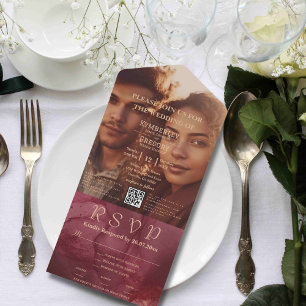 Invitation Tout En Un Aquarelle minimaliste Bourgogne Gold Photo QR Code