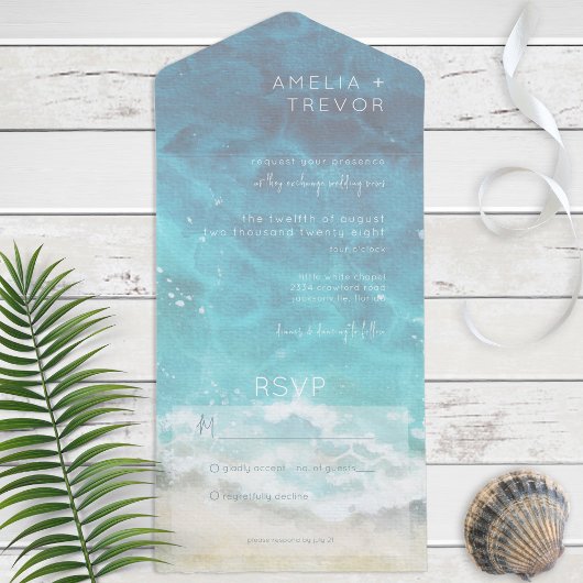 Invitation Tout En Un Aquarelle moderne Aqua Beach & Sea No Dinner