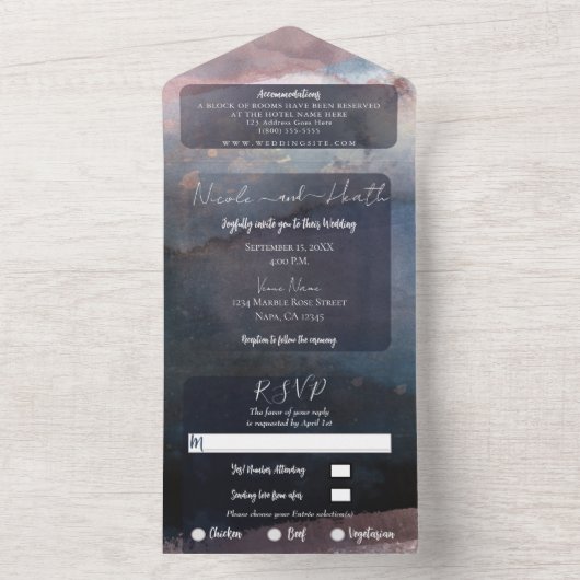 Invitation Tout En Un Aquarelle moderne bleu Rose or Mariage photo (À l'intérieur)