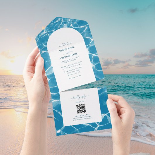 Invitation Tout En Un Aquarelle moderne Blue Ocean Beach Mariage