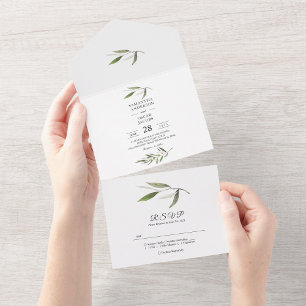 Invitation Tout En Un Aquarelle moderne Branche d'olive verte
