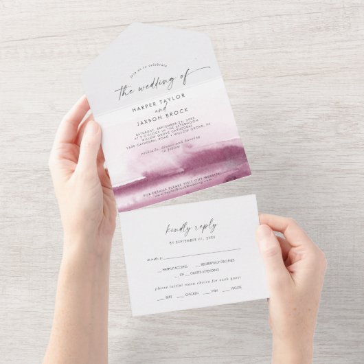 Invitation Tout En Un Aquarelle moderne | Mariage rouge (Déchirure)