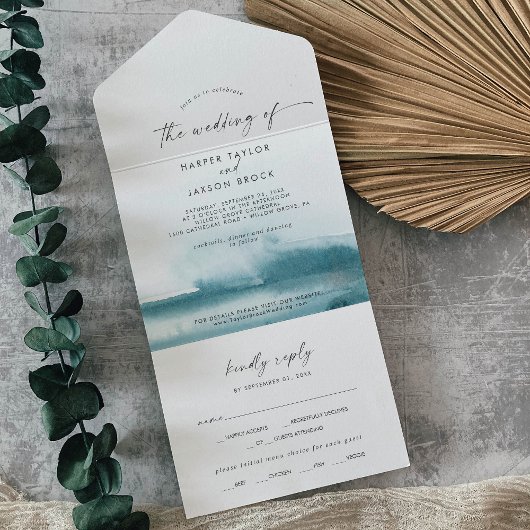 Invitation Tout En Un Aquarelle moderne | MARIAGE TURQUOISE