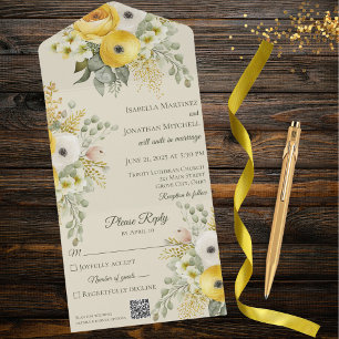 Invitation Tout En Un Aquarelle Or et Flore beige avec code QR