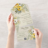 Invitation Tout En Un Aquarelle Or et Flore beige avec code QR (Déchirure)