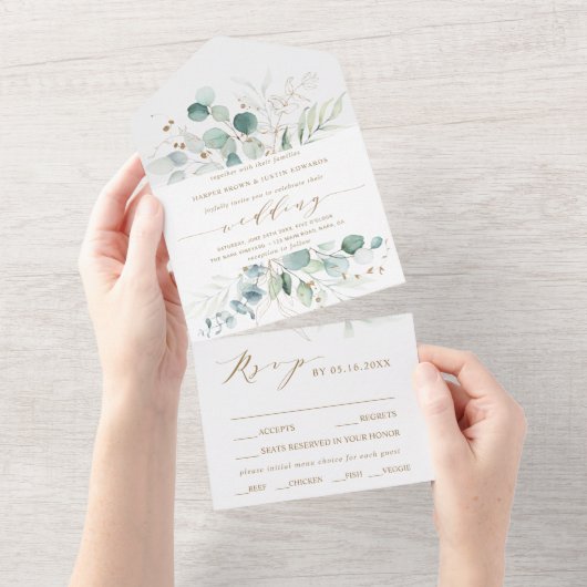 Invitation Tout En Un Aquarelle or et vert Mariage botanique tout en (Déchirure)