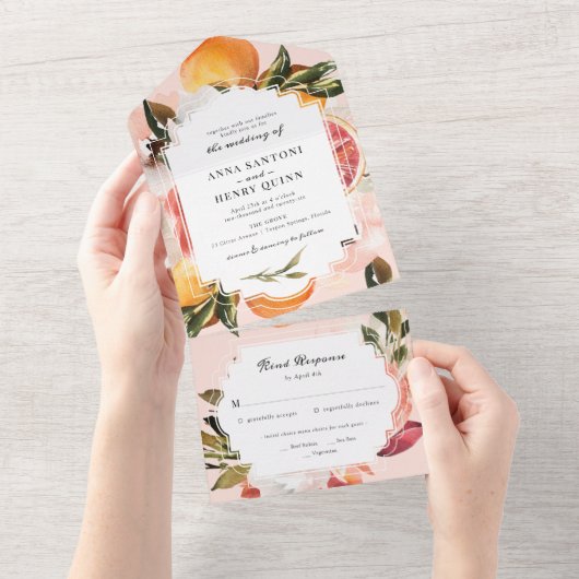 Invitation Tout En Un Aquarelle orange Citrus Mariage vert (Déchirure)