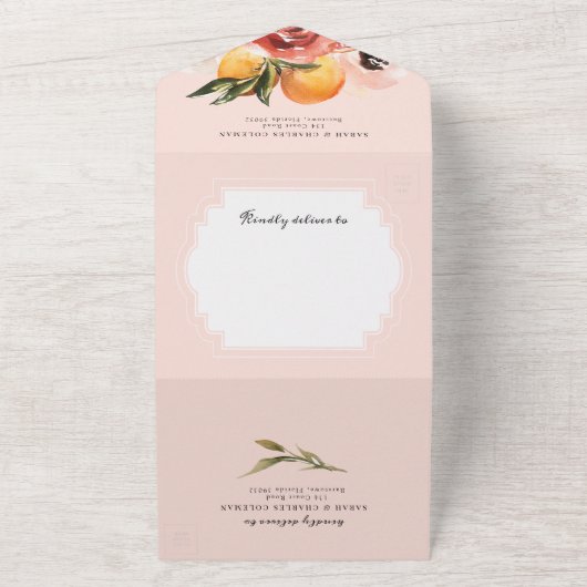 Invitation Tout En Un Aquarelle orange Citrus Mariage vert (Dehors)