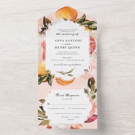 Invitation Tout En Un Aquarelle orange Citrus Mariage vert (À l'intérieur)