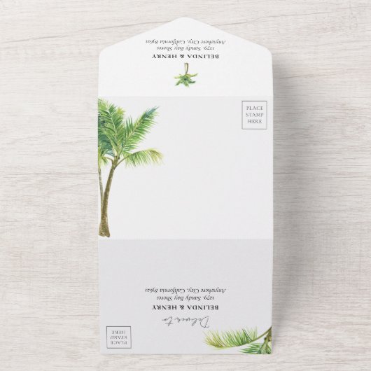 Invitation Tout En Un Aquarelle Palm Tree Beach Mariage Tout en un (Dehors)