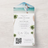 Invitation Tout En Un Aquarelle Palmiers Tropical Sable Beach Mariage (À l'intérieur)