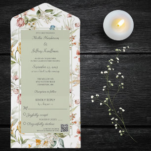 Invitation Tout En Un Aquarelle Pays Floral sur Sage avec code QR