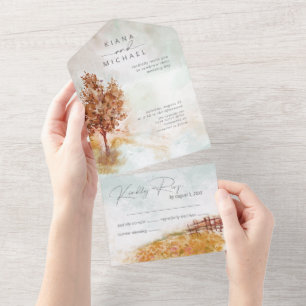 Invitation Tout En Un Aquarelle Paysage Mariage Automne Gold ID786