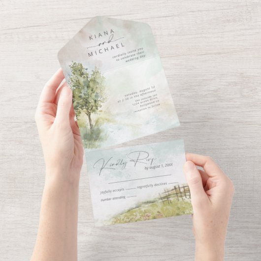 Invitation Tout En Un Aquarelle Paysage Mariage Sage Green ID786 (Déchirure)