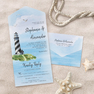 Invitation Tout En Un Aquarelle phare Mariage nautique moderne