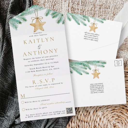 Invitation Tout En Un Aquarelle Pine Boughs Noël Mariage d'hiver