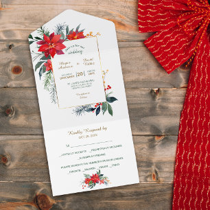 Invitation Tout En Un Aquarelle Poinsettia Mariage de cadre de Noël