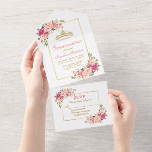 Invitation Tout En Un Aquarelle Quinceanera Couronne or rose Floral