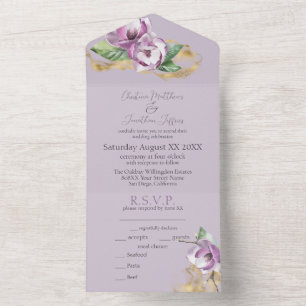 Invitation Tout En Un Aquarelle romantique Magnolia sur violet