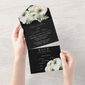 Invitation Tout En Un Aquarelle romantique Ranunculus blanc sur noir (Déchirure)