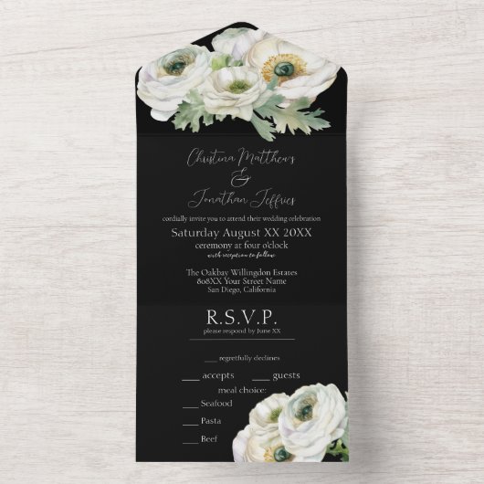 Invitation Tout En Un Aquarelle romantique Ranunculus blanc sur noir (À l'intérieur)